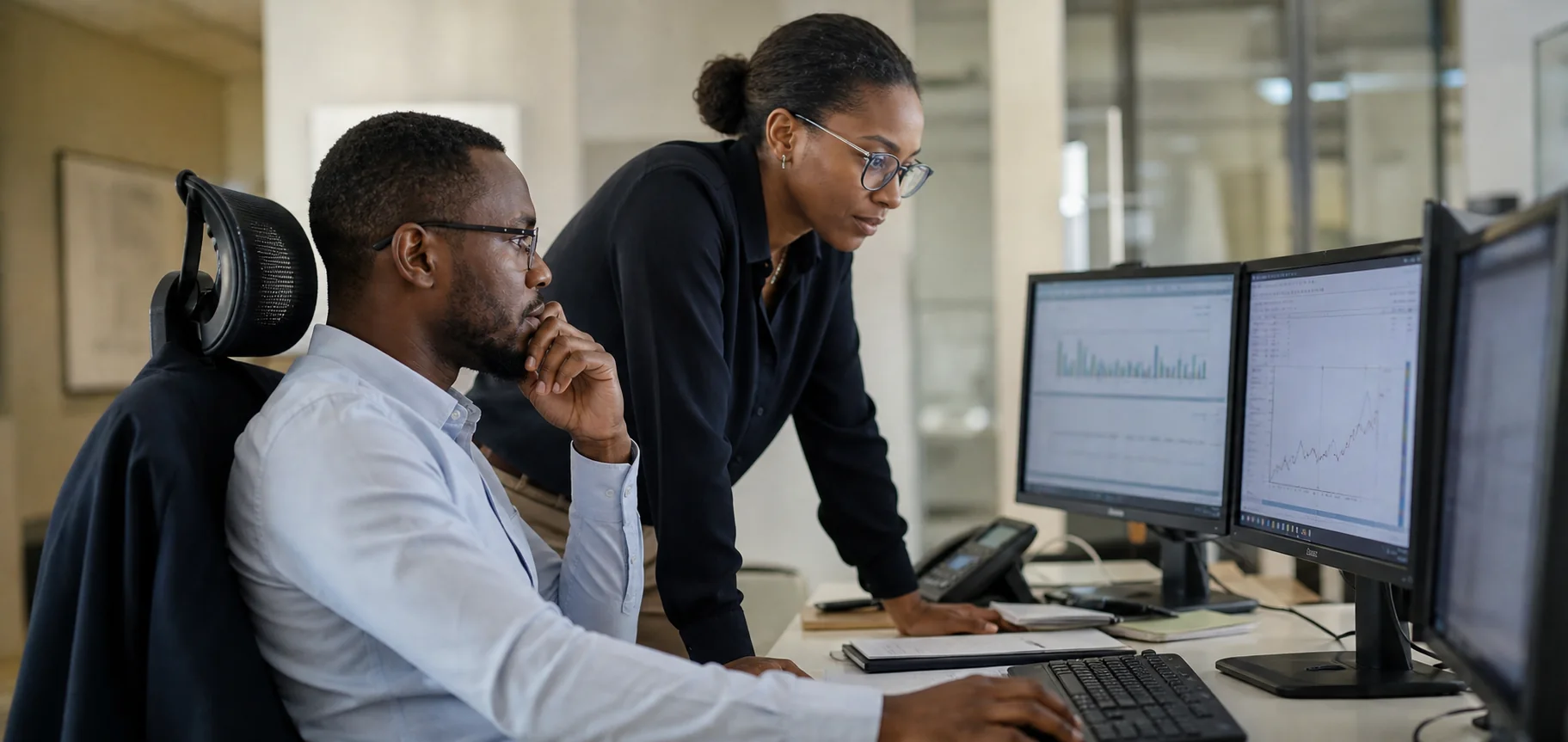 Financial technology analysts reviewing data